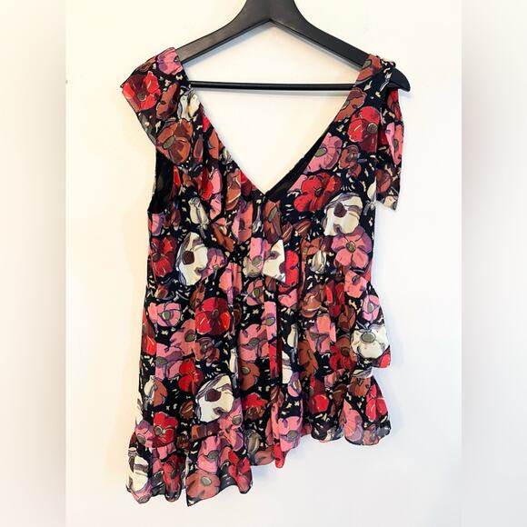 Cinq a Sept Naomi Floral Ruffle Asymmetric Top V Neck Tiered femme spring bright - Picture 3 of 10